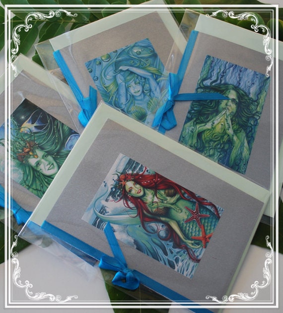 Mermaid Set of 4 Cards - Birthday Cards - Blank Cards - Sirens - Mermaids - Water Spirits - Merfaerie - Handmade