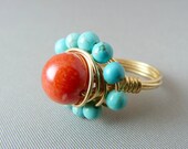 Coral Red Rainbow Jade and Turquoise Howlite Wire Wrapped Ring - Jewelers Brass Wire