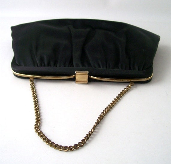 vintage black satin clutch purse gold fashion by RecycleBuyVintage