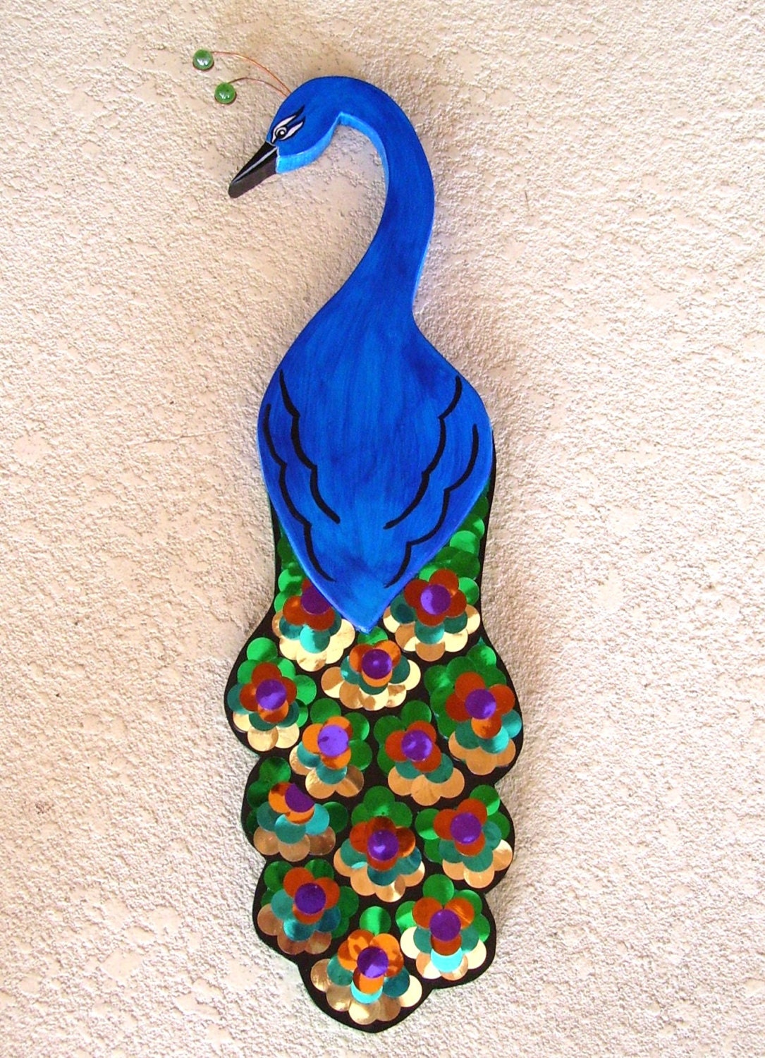 Peacock Wood Carved in Blue with Glittering Accents Hand Painted and Decorated Over 2 Ft. Long