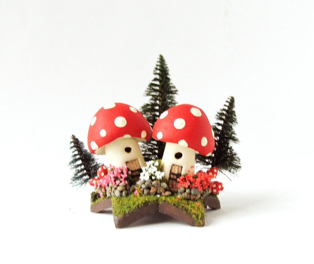 Tiny Mushroom Fairy Houses Upon a Star - Miniature Spotted Red Cap Woodland Houses with Pine Trees and Flowering Bushes