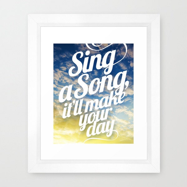 Sing A Song Framed Morning Quote Earth Wind & Fire Song Lyrics Typography Decor Sky Clouds Sun Groovy Urban Adventure  Blue Yellow White