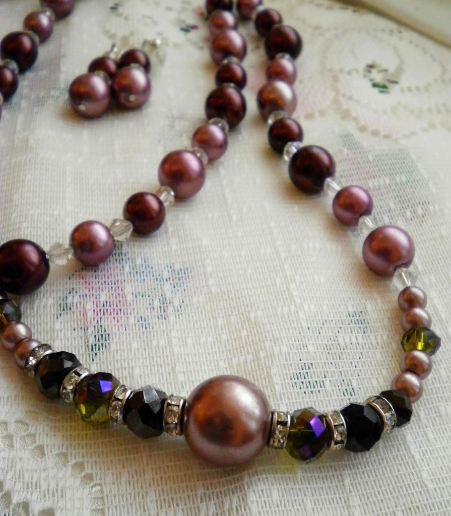 Empress  Double Strand Glass Burgandy, Chocolate  Pearls, Smoky Black Crystal Necklace & Earrings Set