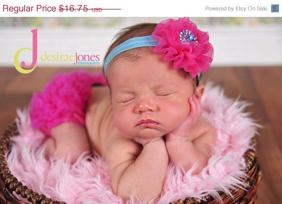 MEMORIAL DAY SALE Baby Bloomers and Headband Set - Hot Pink and Turquoise - Great Photo Prop