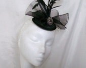 Black and Silver Vintage Style Crinoline Bow Feather Plume & Rhinestone Wedding Fascinator Mini Hat - Custom Made to Order