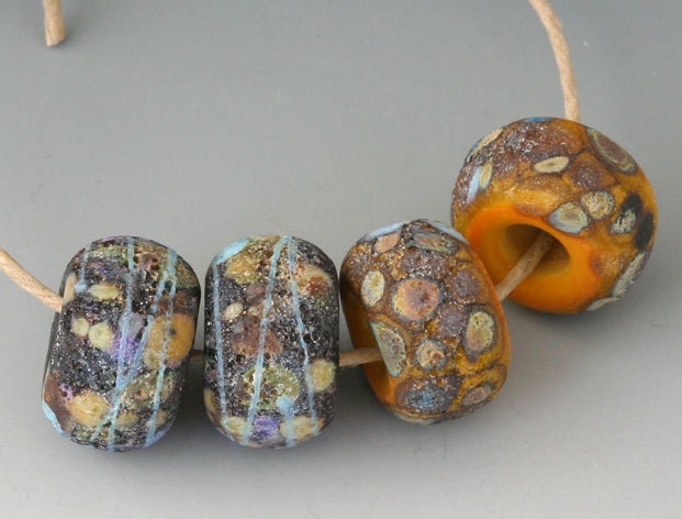 Rustic Sedona - (4) Handmade Lampwork Beads - Black, Butternut - Etched, Matte