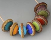 Rustic Saucers - (8) Handmade Lampwork Beads Turquoise, Green