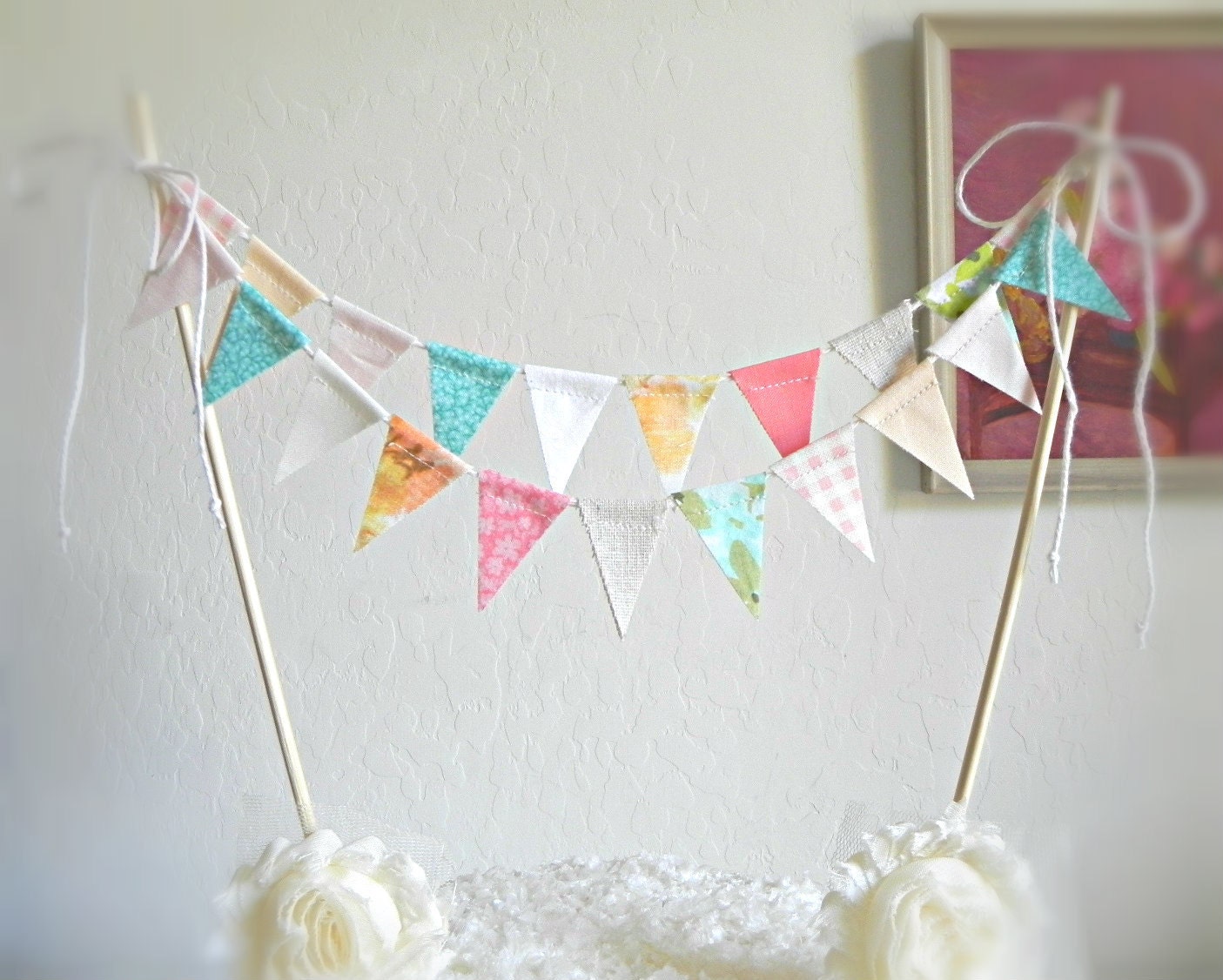 Pink Aqua And Peach Vintage Fabric Cake Bunting Decoration