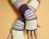 Lovely Striped Armwarmers with Thumb Hole, Cream Gloves with Pink and Purple, Colorful and Warm Candy Sleeves