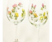 Hand Painted Wine Glasses - MultiColor Roses Yellow Peach Pink, Green Leaves, 12 oz Set 8 - Mothers Day Housewarming