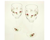 Hand Painted Wine Glasses with Red Rose Buds, Green Leaves Set of 2 - HandPainted Glassware Spring Summer Mothers Day