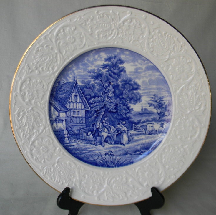 Blue English Transferware Coalport Pastoral Charger Platter Serving Tray Horses Cows Milkmaid Cottage with Embossed Border