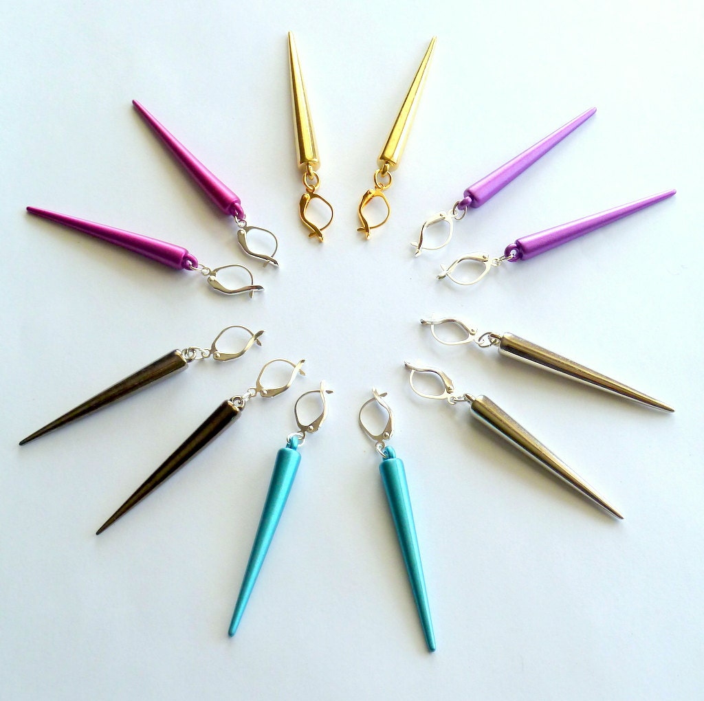 Simple Spike Dangle Earrings in Electric Violet, Vivid Pink, Intense Teal, Bad Girl Gunmetal, Shiny Silver and Shiny  Gold