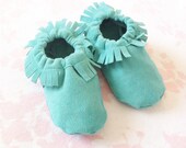 12-18 months Teal Baby Moccasins soft-soled faux suede shoes ready to ship