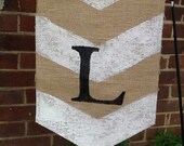 Large Cream Chevron Stripe Burlap Garden Flag with Black Initial Monogram