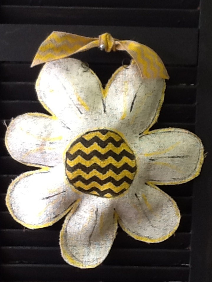 White Daisy with yellow and black Chevron Burlap Door hanger