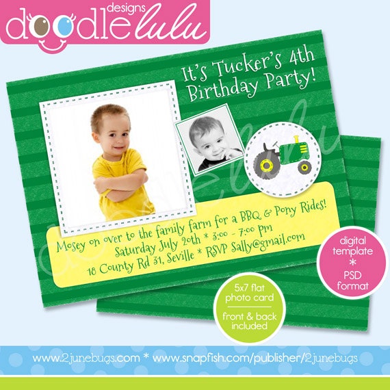 INSTANT DOWNLOAD Digital Printable 5x7 Green Tractor Birthday Party Invitation Card Template (Photoshop) PSD Il_170x135