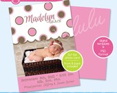 Digital Printable 5x7 Pink and Brown Polka Dot Birth Announcement Photo Card Template - Design from DOODLELULU by 2 june bugs Il_170x135