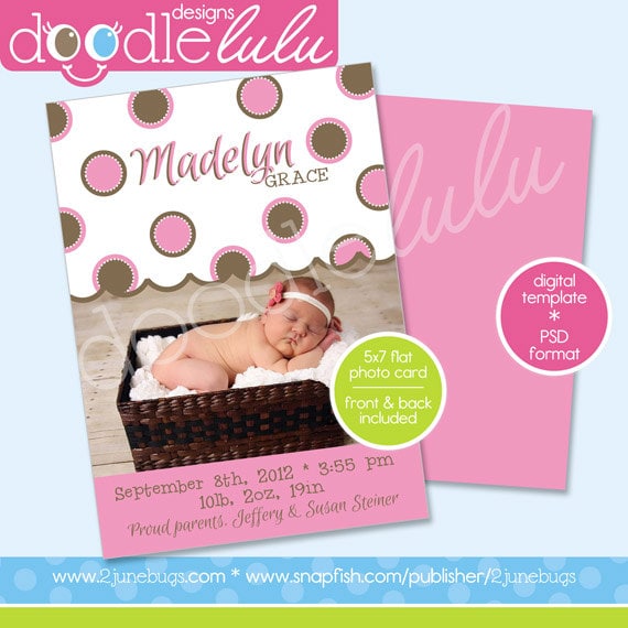 INSTANT DOWNLOAD Printable 5x7 Pink & Brown Polka Dot Birth Announcement Photo Card Template - Design from Doodlelulu by 2 june bugs Il_570xn