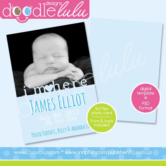 Digital Printable 5x7 I'm Here Blue Baby Boy Photo Card Birth Announcement Template - Design from DOODLELULU by 2 june bugs Il_570xn