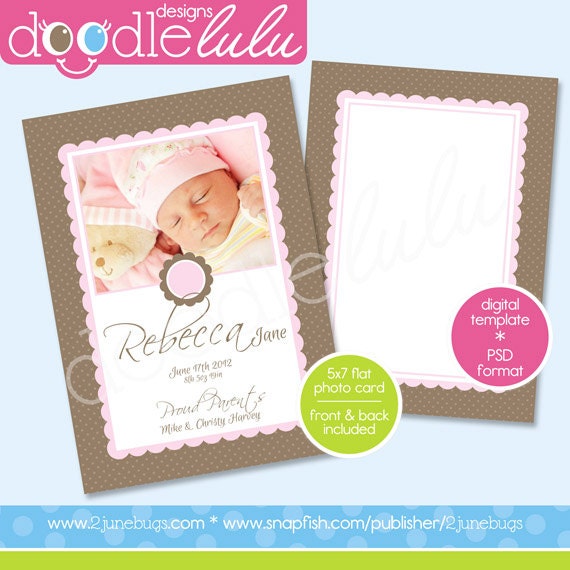 INSTANT DOWNLOAD Printable 5x7 Brown Polka Dot Monogram Flower Baby Photo Card Birth Announcement Template - from Doodlelulu by 2 june bugs Il_570xn