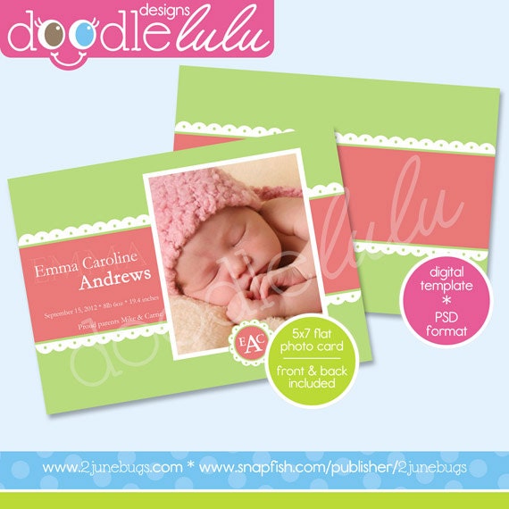 INSTANT DOWNLOAD Digital Printable 5x7 Pink & Green Baby Girl Photo Card Birth Announcement Template - Design from Doodleulu by 2 june bugs Il_570xn