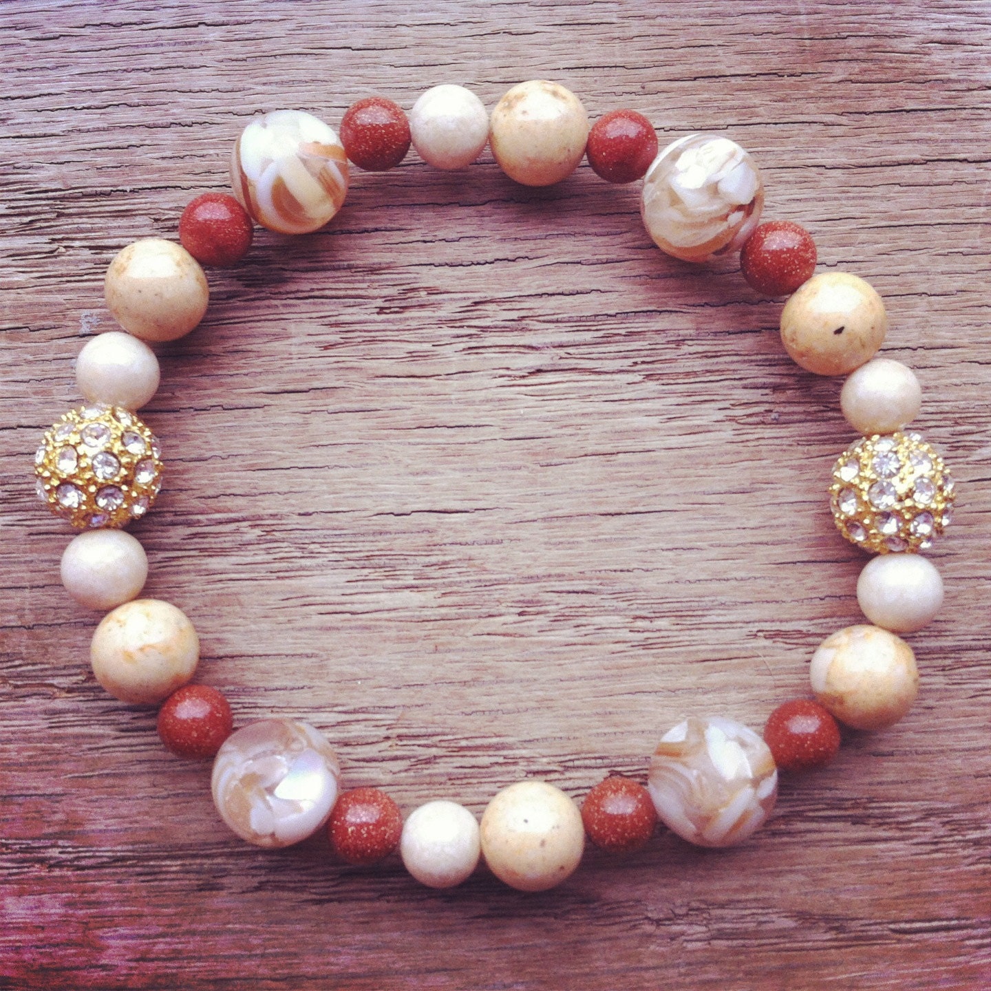 Gold Brown & Cream Rhinestone Beaded Bracelet