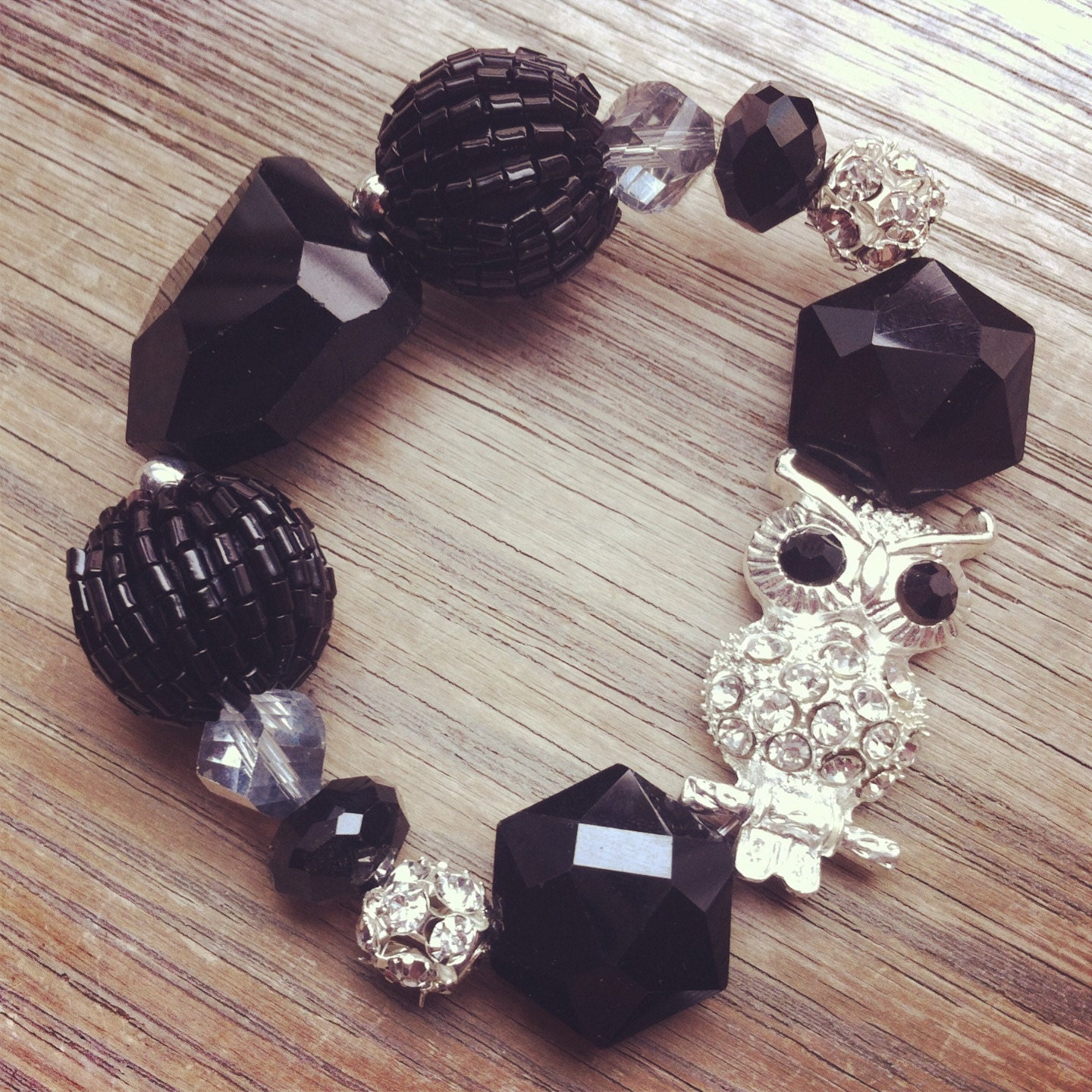 Owl Bracelet with Black & Silver Rhinestone Beads