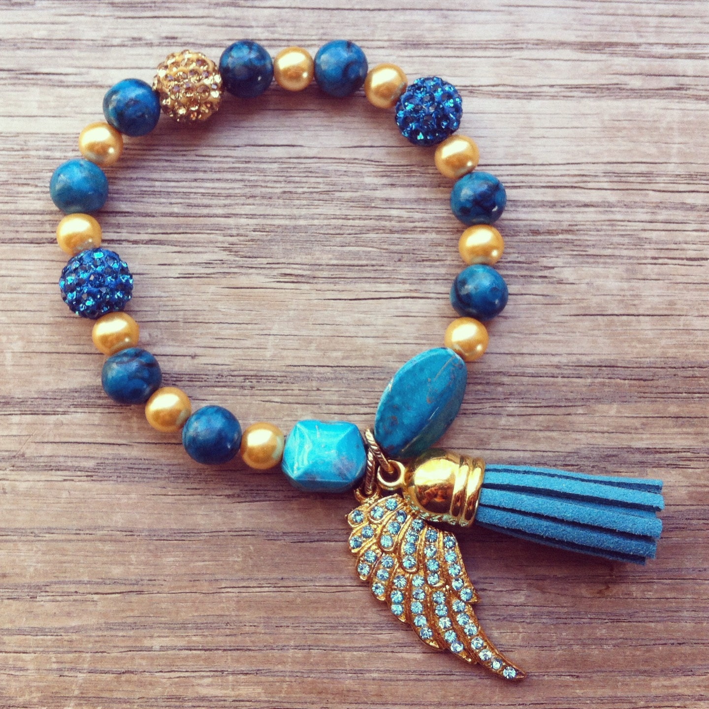 Turquoise & Gold Beaded Bracelet w/ Rhinestone Wing and Tassel