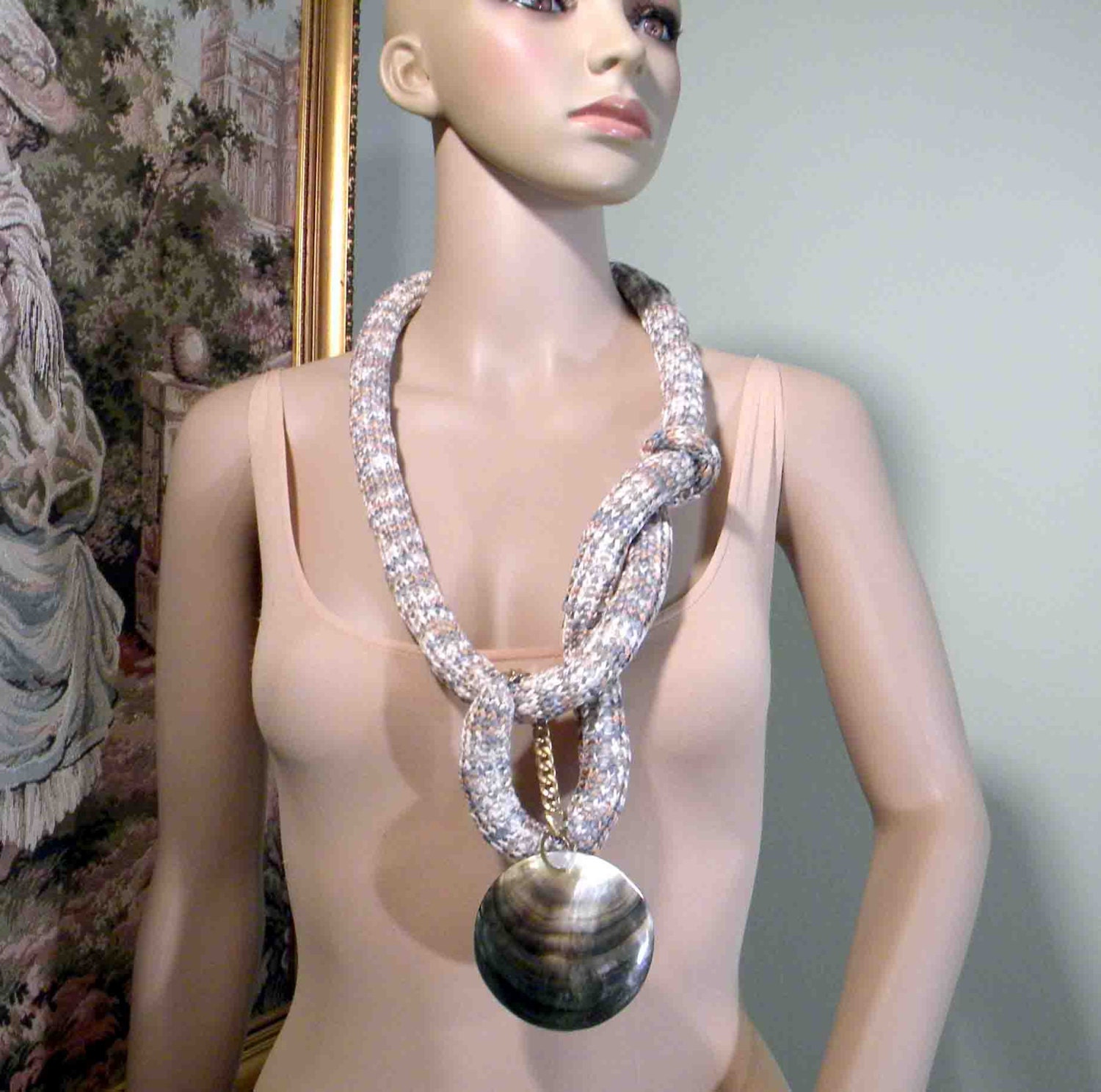 UNIQUE ABALONE NECKLACE - Wearable Fiber Art Jewelry, Freeform Crocheted, Top quality Italian Silk, Gorgeous Abalone Seashell Pendant