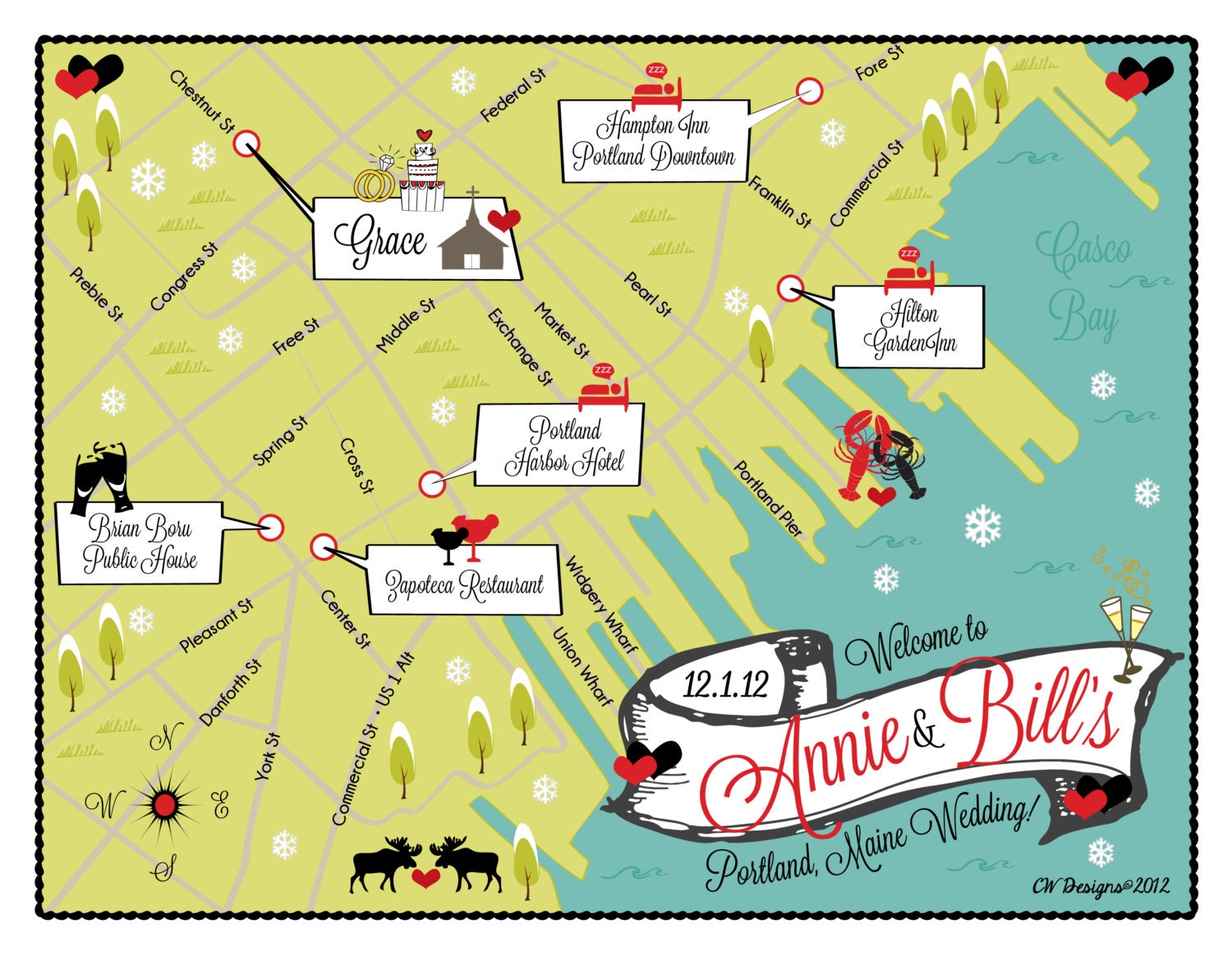 As Seen on Style Me Pretty - Custom Wedding Map Portland, ME Map