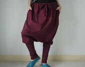 Dark Red Stretch Cotton Funky Drop Crotch Harem Ninja Yoga Unisex Pants Trousers With Adjustable Drawstring Waist