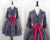50s Dress Vintage Shirtwaist Full Skirt StainedGlass Ethnic Floral Fans Print Magenta Pink Turquoise Blue Deep Green Lavender 1950s Dresses