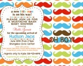 Mustache Bash Customized Baby Shower Invitation, Birthday Party, Colorful Mustache Party,  JPEG 5x7, Digital File for e-mail or print