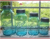 Blue Ball Jars Set of 4 HALF Gallon, 1 1/2 Quart, Quart and Pint Sized Vintage Jars Perfect Mason