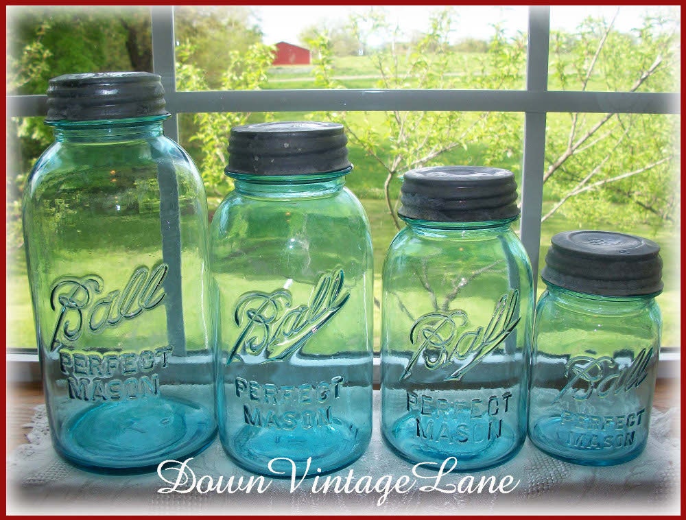 Blue Ball Jars Set of 4 HALF Gallon, 1 1/2 Quart, Quart and Pint Sized Vintage Jars Perfect Mason