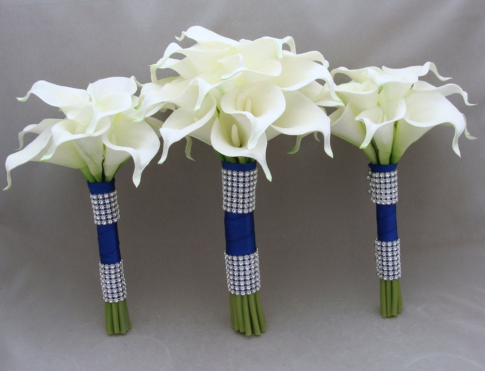 Wedding Flower Package Real Touch Calla Lily Bridal & Bridesmaids Bouquets White Calla Lilies Royal Blue Ribbon - Choose Your Wedding Colors
