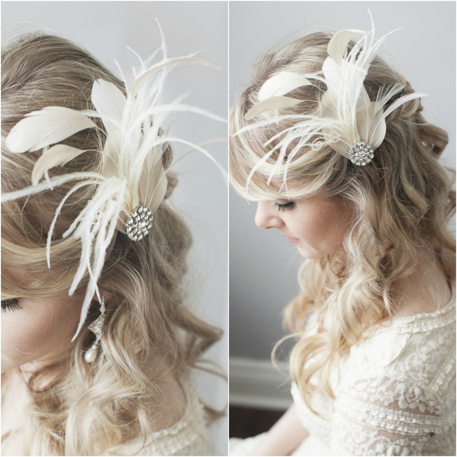 Feather Bridal Fascinator, Feather Hairpiece, Feather Hair Clip. Wedding Fascinator, Bridal Hairpiece