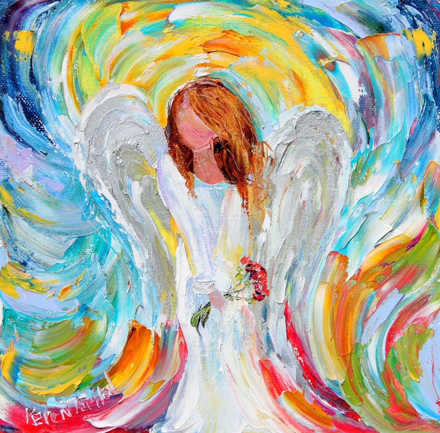 Original painting Angel with Flowers PALETTE KNIFE oil Abstract fine art modern impressionism by Karen Tarlton