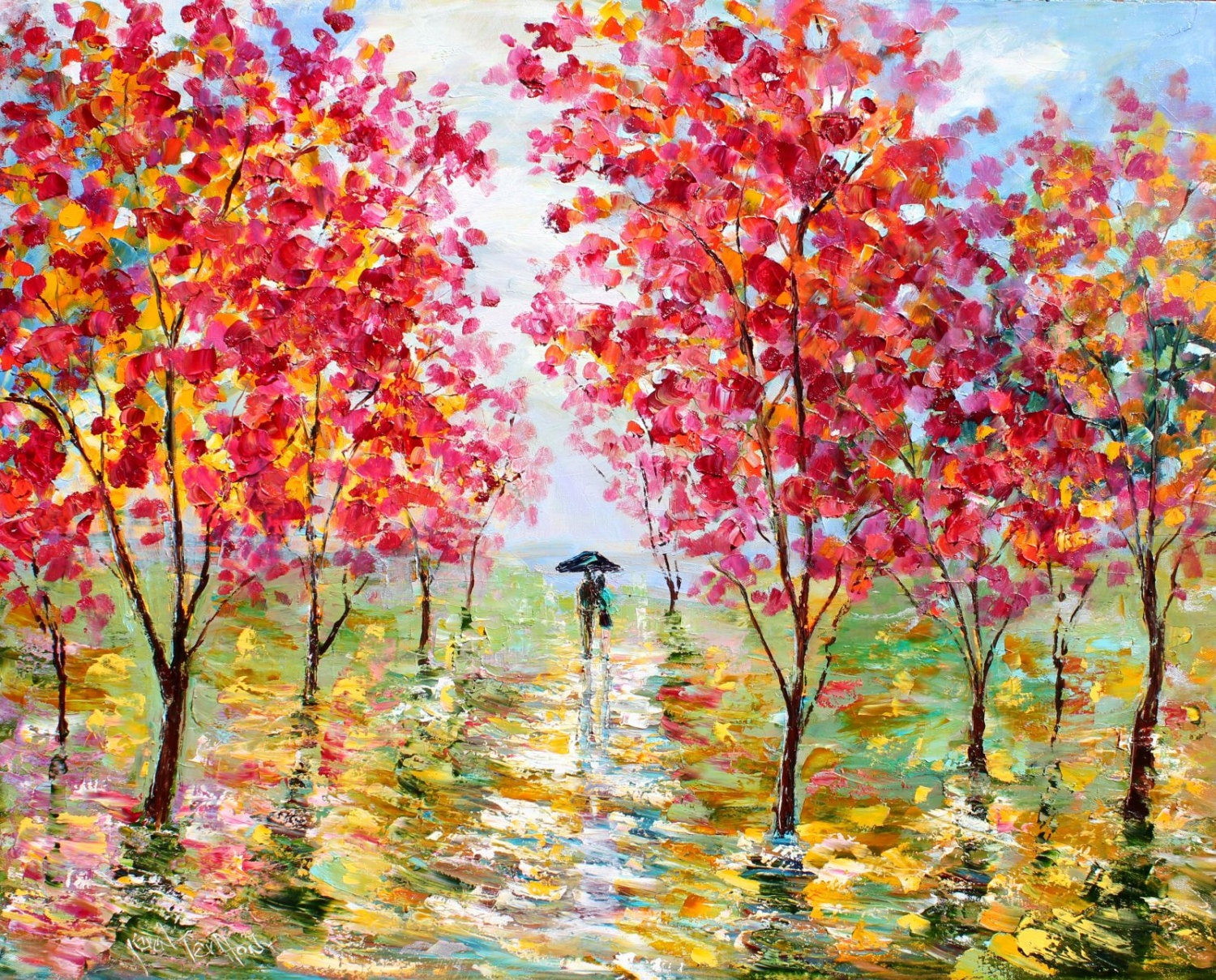 Large Original oil painting Spring Rain Romance Landscape Palette knife modern impressionism impasto fine art by Karen Tarlton