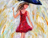 Original oil painting Rain Girl on canvas Landscape palette knife impasto modern texture fine art impressionism by Karen Tarlton