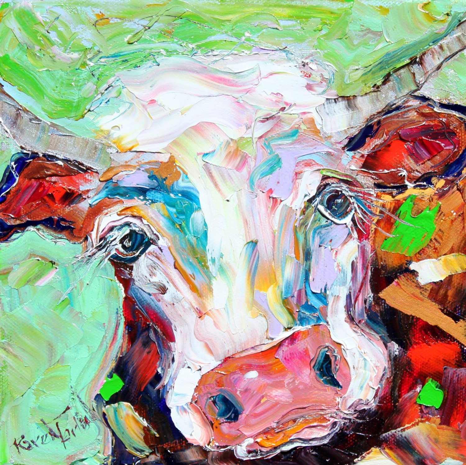 Original oil painting Colorful Bull Portrait animal palette knife on canvas impasto impressionism fine art by Karen Tarlton