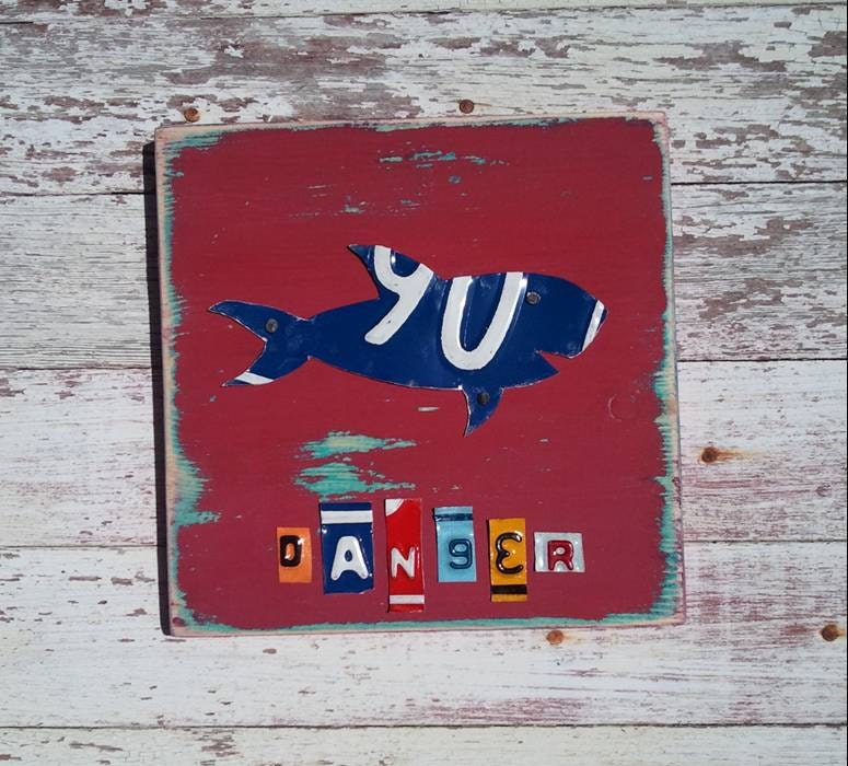 Funky Navy Shark Danger Red on Aqua Bite Nautical Beach Nursery Boy Toddler Animal Custom License Plate Art Recycled States