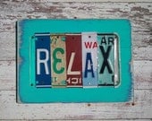 RELAX Beach Ocean Surf Turquoise Blue Orange Red Aqua Navy Mancave Word Block Sign Custom Funky States License Plate Art Recycled