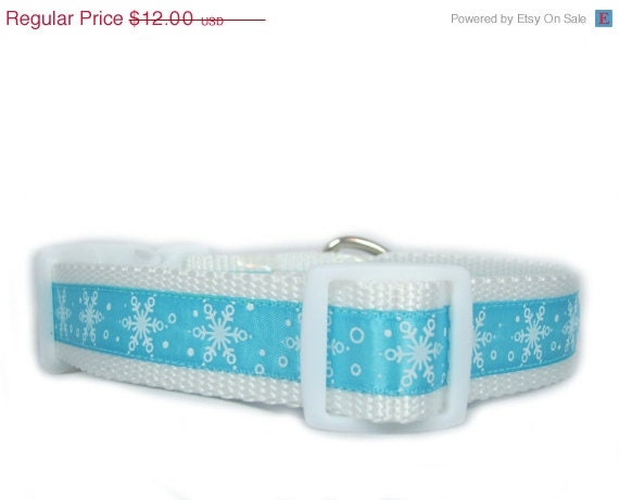 ON SALE Pale Blue Snow Dog Collar, 1 inch wide, available in 4 sizes, snowflake, christmas, holiday, festive, white, small, medium, large,