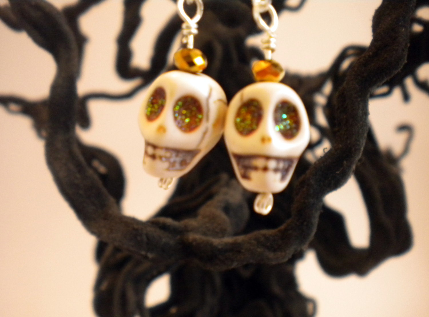 White Magnesite with Gold Glitter Eyes Dangle Earrings