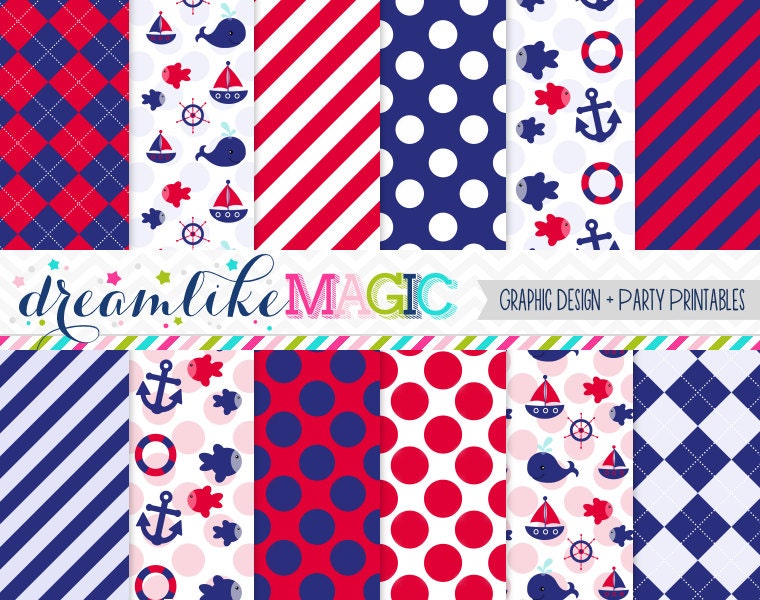 Red and Navy Nautical Themed Digital Paper Pack for Personal or Commercial Use Il_170x135