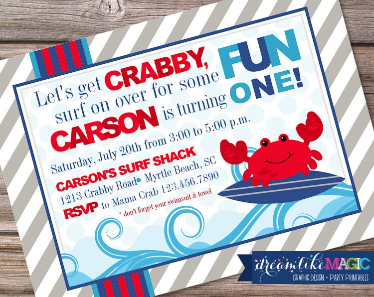Printable Party Invitation- Surf On Over Crabby Fun Il_170x135
