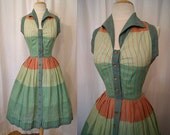 Darling 1950's striped cotton new look summer sun day dress with rhinestone buttons vlv rockabilly pin up girl - size XS to Small