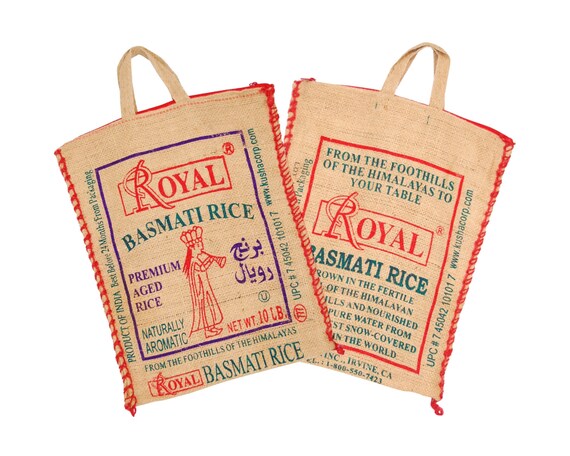 7 Royal Basmati Rice Burlap Bags Jute Zippered Totes by Retroholic